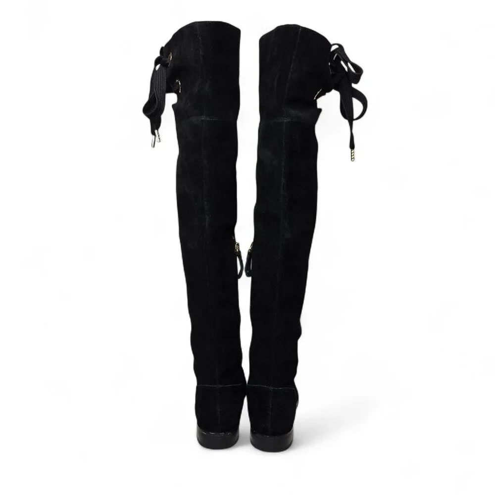 Kate Spade New York Over The Knee Boots Women's Black‎ Suede Gold Trim Tall 5M